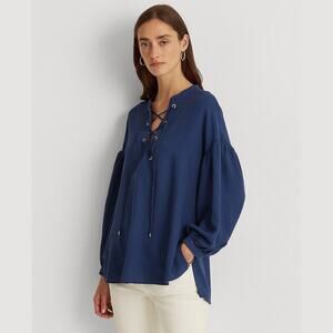 Lauren Ralph Lauren Women Indigo Blue Lace-Up Double-Faced Tunic Blouse Size M